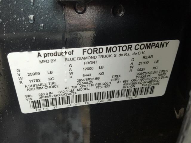 3FRWF75HX6V350724 - 2006 FORD F750 SUPER BLACK photo 10