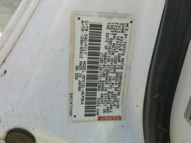 JT2BF12K1T0152989 - 1996 TOYOTA CAMRY LE WHITE photo 10