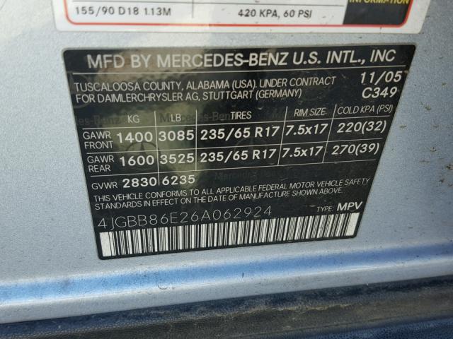 4JGBB86E26A062924 - 2006 MERCEDES-BENZ ML 350 BLUE photo 10