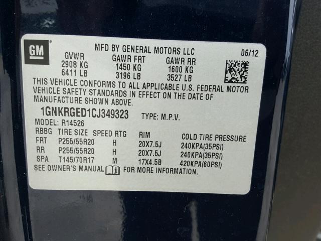 1GNKRGED1CJ349323 - 2012 CHEVROLET TRAVERSE L BLUE photo 10