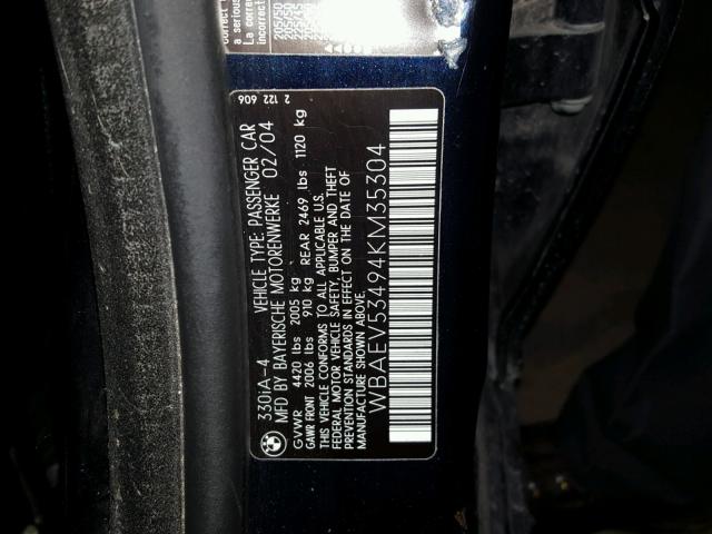 WBAEV53494KM35304 - 2004 BMW 330 I BLACK photo 10