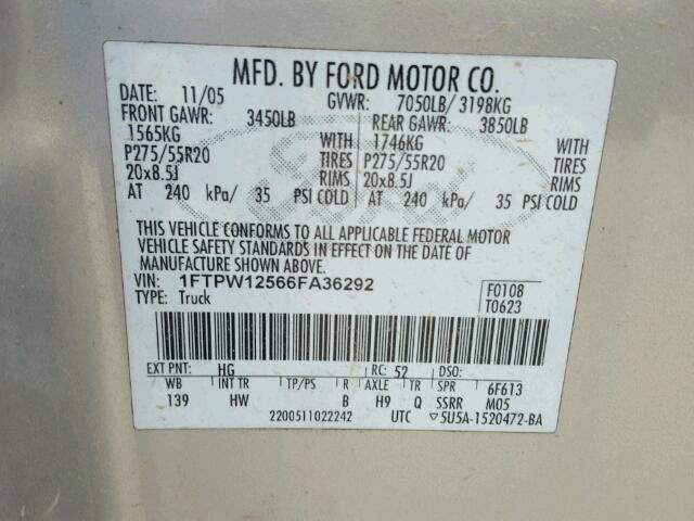 1FTPW12566FA36292 - 2006 FORD F150 SUPER SILVER photo 10