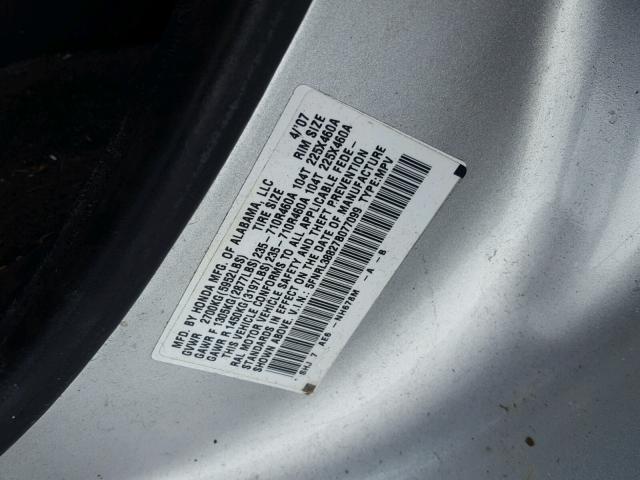 5FNRL38827B077099 - 2007 HONDA ODYSSEY TO SILVER photo 10