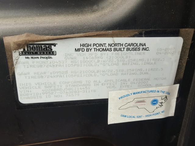 4UZABRDJ58CZ14451 - 2008 FREIGHTLINER CHASSIS B2 黄色 照片 10