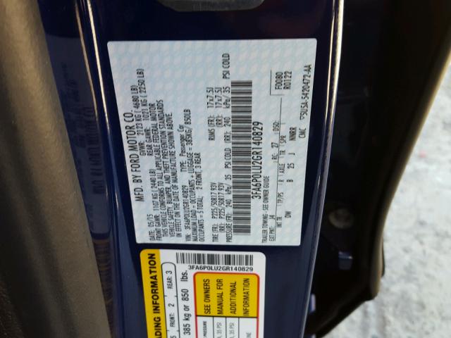 3FA6P0LU2GR140829 - 2016 FORD FUSION SE BLUE photo 10