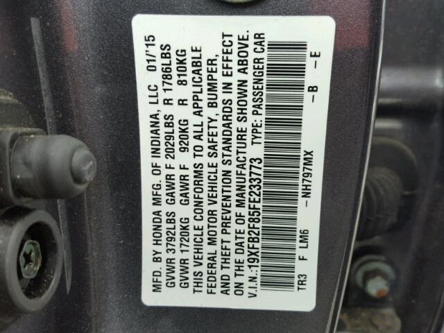 19XFB2F85FE233773 - 2015 HONDA CIVIC EX GRAY photo 10