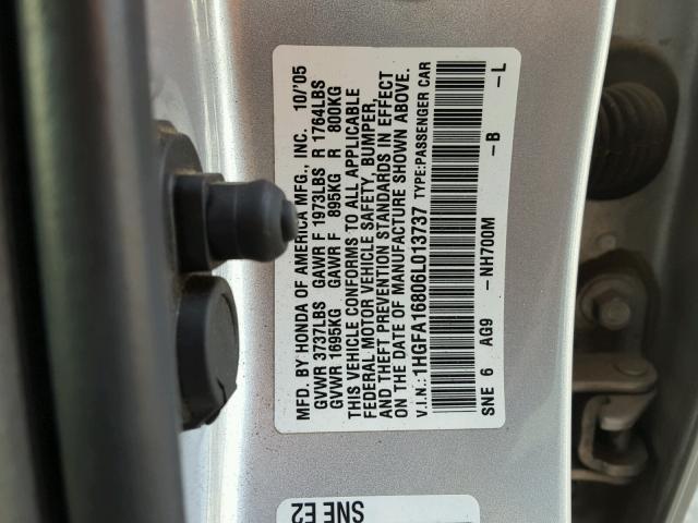 1HGFA16806L013737 - 2006 HONDA CIVIC EX SILVER photo 10