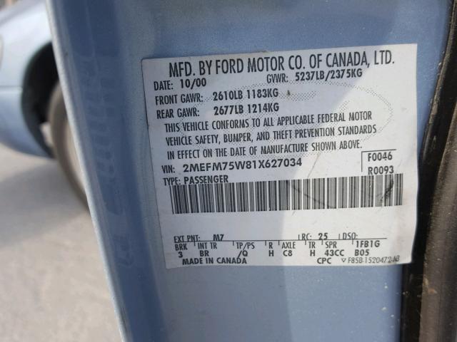 2MEFM75W81X627034 - 2001 MERCURY GRAND MARQ BLUE photo 10