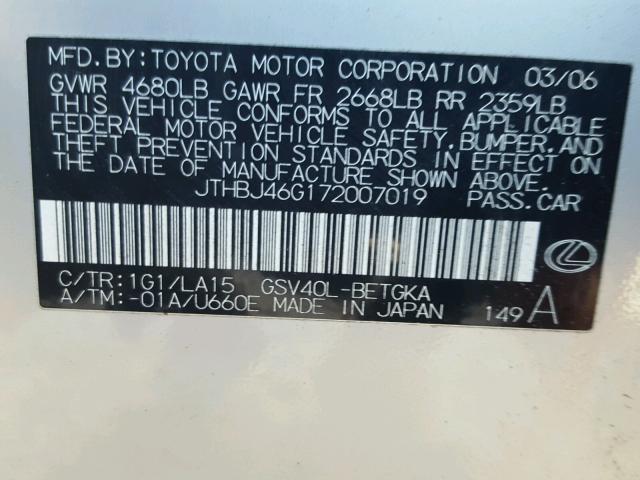 JTHBJ46G172007019 - 2007 LEXUS ES 350 SILVER photo 10