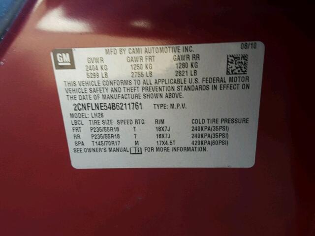 2CNFLNE54B6211761 - 2011 CHEVROLET EQUINOX LT RED photo 10