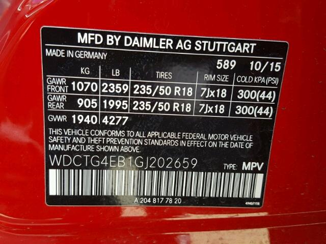 WDCTG4EB1GJ202659 - 2016 MERCEDES-BENZ GLA 250 RED photo 10