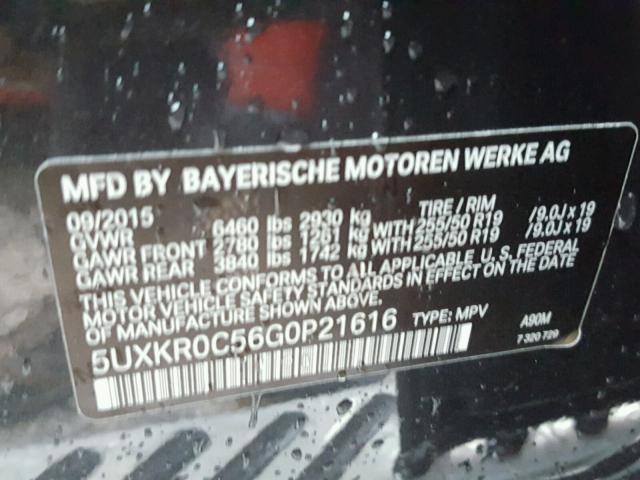 5UXKR0C56G0P21616 - 2016 BMW X5 XDRIVE3 BLACK photo 10