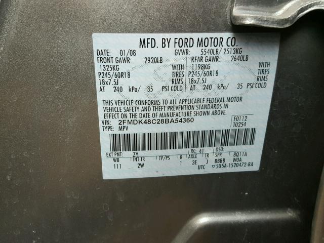 2FMDK48C28BA54360 - 2008 FORD EDGE SEL GRAY photo 10