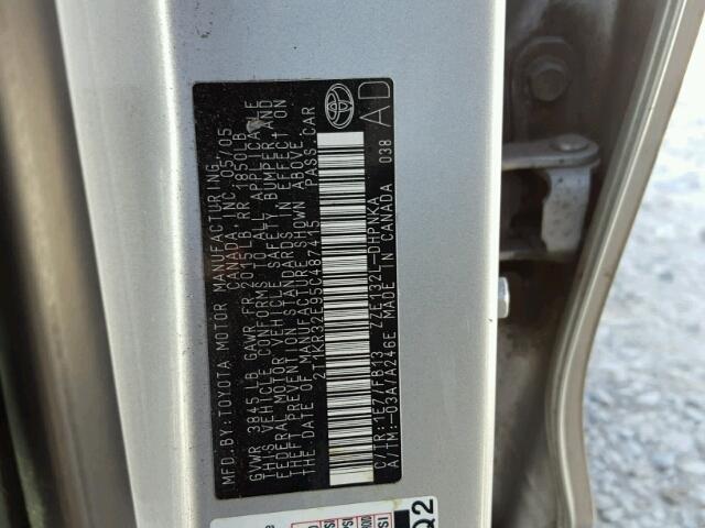 2T1KR32E95C487415 - 2005 TOYOTA COROLLA MA SILVER photo 10