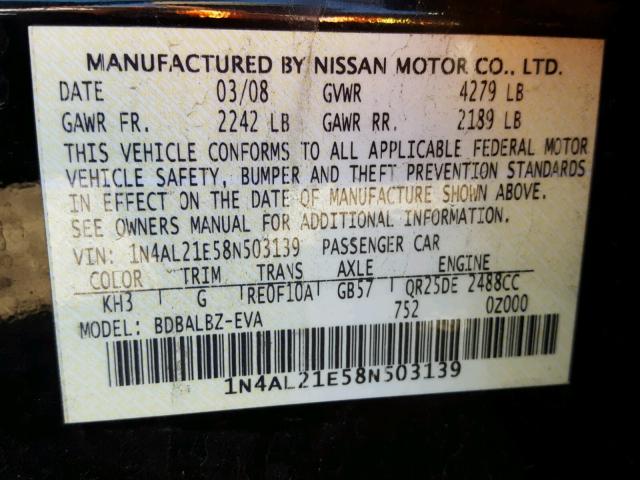 1N4AL21E58N503139 - 2008 NISSAN ALTIMA 2.5 BLACK photo 10