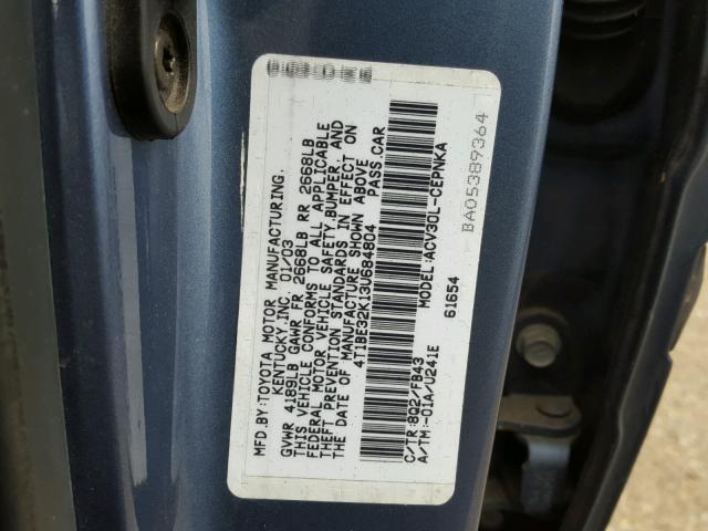 4T1BE32K13U684804 - 2003 TOYOTA CAMRY LE BLUE photo 10
