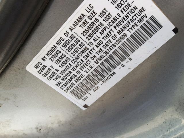 5FNRL38747B120509 - 2007 HONDA ODYSSEY EX SILVER photo 10