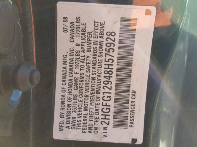 2HGFG12948H575928 - 2008 HONDA CIVIC EXL 黑色 照片 10