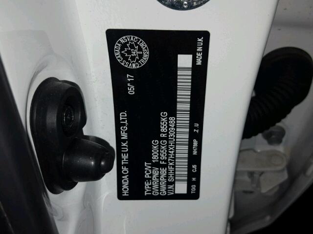 SHHFK7H4XHU309488 - 2017 HONDA CIVIC SPOR WHITE photo 10