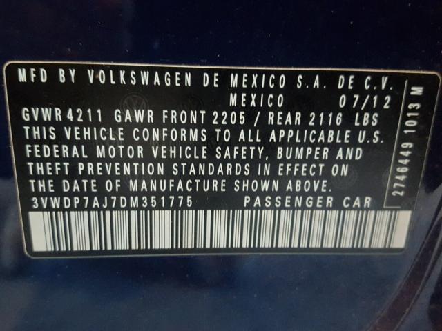 3VWDP7AJ7DM351775 - 2013 VOLKSWAGEN JETTA SE BLUE photo 10