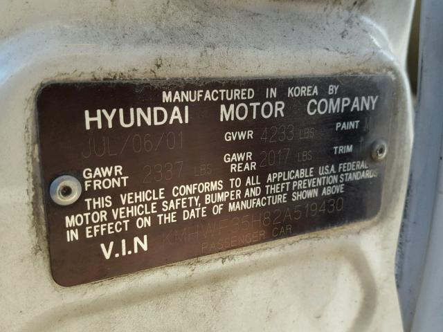 KMHWF35H82A519430 - 2002 HYUNDAI SONATA GLS WHITE photo 10