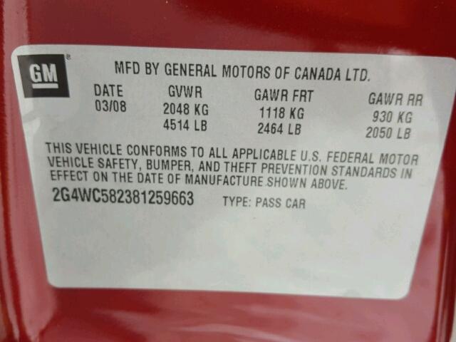 2G4WC582381259663 - 2008 BUICK LACROSSE C RED photo 10