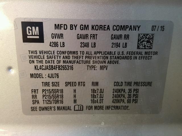 KL4CJASB4FB265316 - 2015 BUICK ENCORE SILVER photo 10