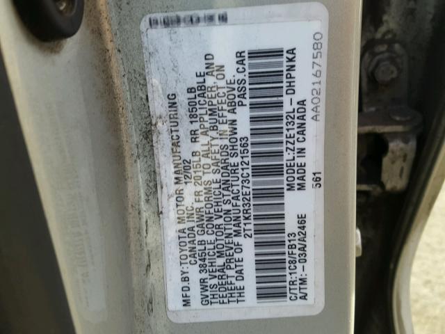 2T1KR32E73C121563 - 2003 TOYOTA COROLLA MA GRAY photo 10