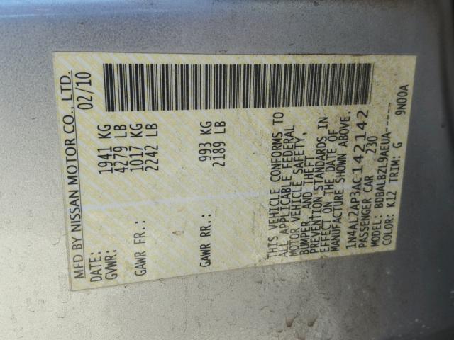 1N4AL2AP3AC142142 - 2010 NISSAN ALTIMA BAS SILVER photo 10