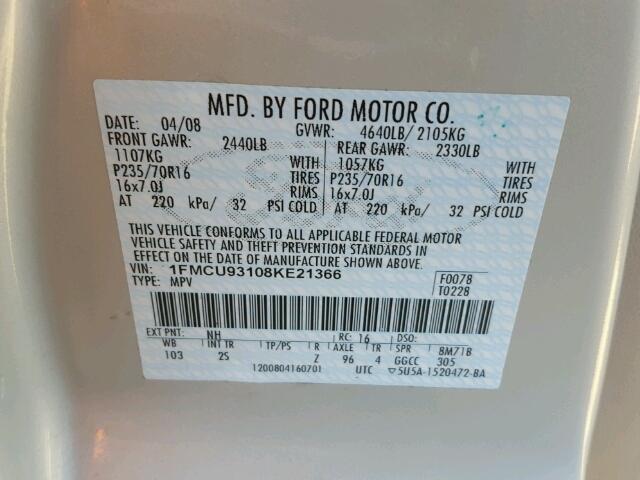 1FMCU93108KE21366 - 2008 FORD ESCAPE XLT BLACK photo 10