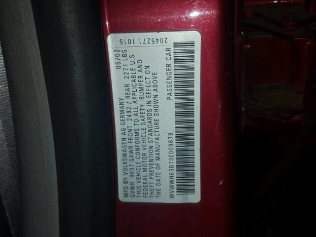 WVWWH63B13E009879 - 2003 VOLKSWAGEN PASSAT GLX 勃艮第红 照片 10