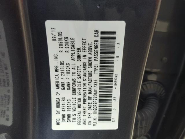 1HGCR2F72DA017337 - 2013 HONDA ACCORD EX GRAY photo 10