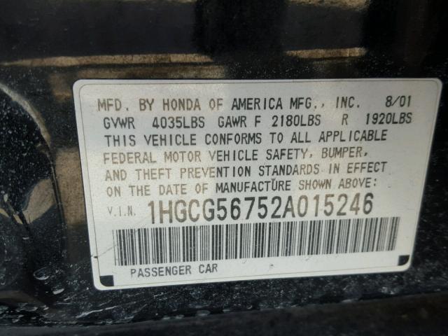 1HGCG56752A015246 - 2002 HONDA ACCORD SE BLACK photo 10