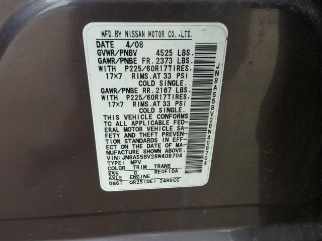 JN8AS58V28W408704 - 2008 NISSAN ROGUE S BLACK photo 10