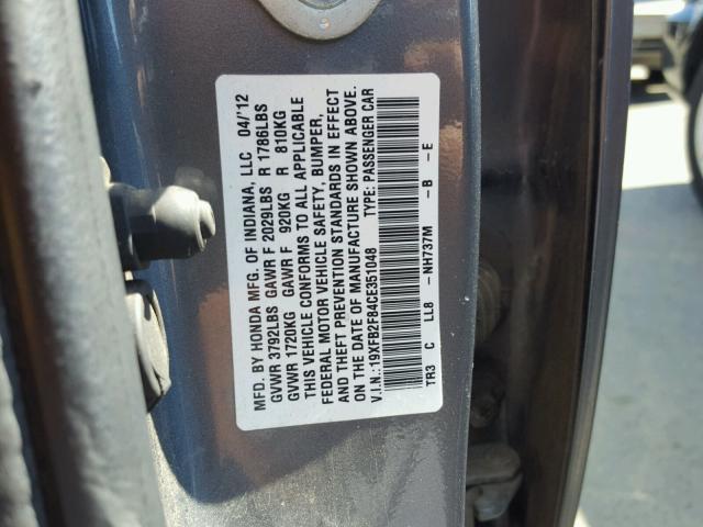 19XFB2F84CE351048 - 2012 HONDA CIVIC EX Boz foto 10