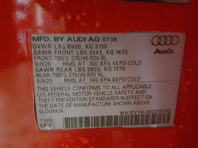 WA1CV74L39D010758 - 2009 AUDI Q7 4.2 QUA RED photo 10