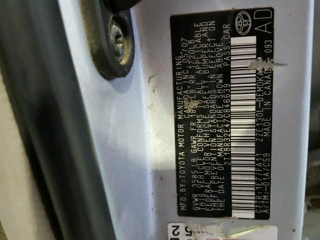 2T1BR32E47C846639 - 2007 TOYOTA COROLLA CE SILVER photo 10