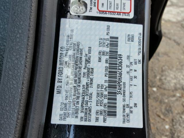 3FAHP0HA6CR306349 - 2012 FORD FUSION SE BLACK photo 10