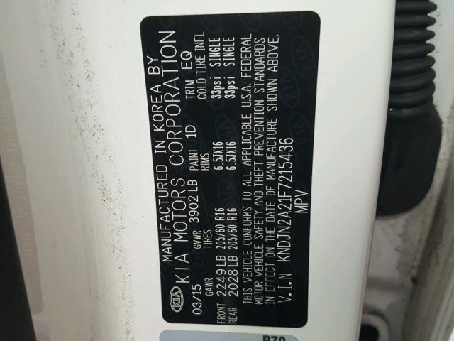 KNDJN2A21F7215436 - 2015 KIA SOUL WHITE photo 10