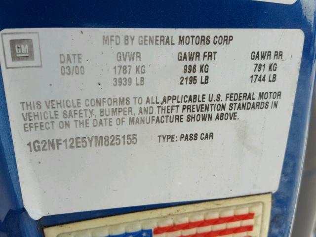 1G2NF12E5YM825155 - 2000 PONTIAC GRAND AM S Կապույտ լուսանկար 10