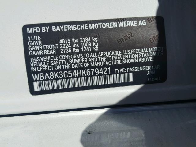 WBA8K3C54HK679421 - 2017 BMW 330 XI WHITE photo 10