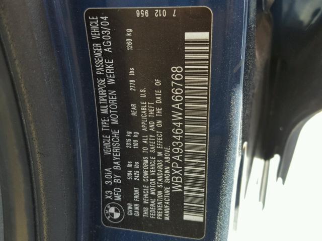 WBXPA93464WA66768 - 2004 BMW X3 3.0I BLUE photo 10