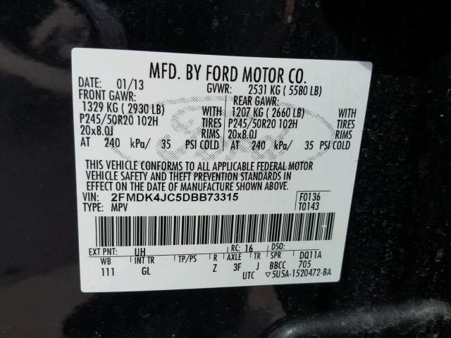 2FMDK4JC5DBB73315 - 2013 FORD EDGE SEL BLACK photo 10