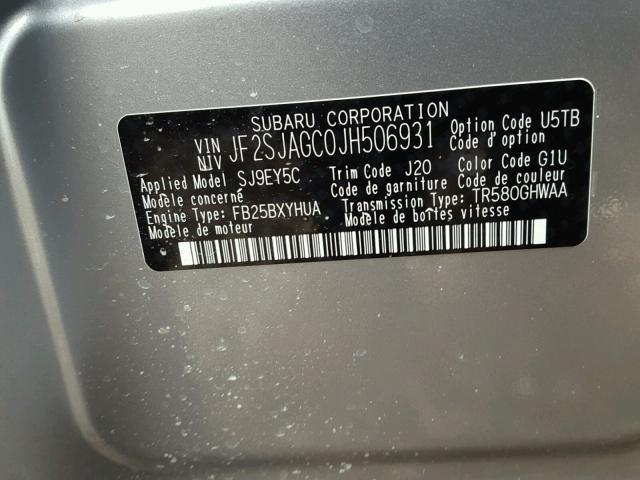 JF2SJAGC0JH506931 - 2018 SUBARU FORESTER 2 SILVER photo 10