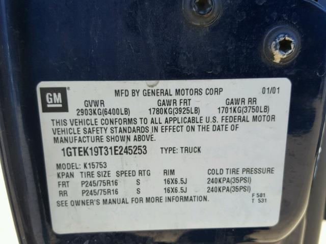 1GTEK19T31E245253 - 2001 GMC NEW SIERRA BLUE photo 10