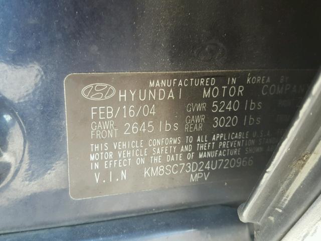 KM8SC73D24U720966 - 2004 HYUNDAI SANTA FE G BLUE photo 10