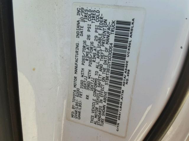 5TBRT3810YS030064 - 2000 TOYOTA TUNDRA ACC WHITE photo 10