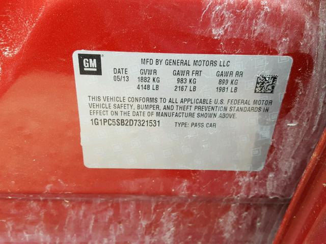 1G1PC5SB2D7321531 - 2013 CHEVROLET CRUZE LT RED photo 10