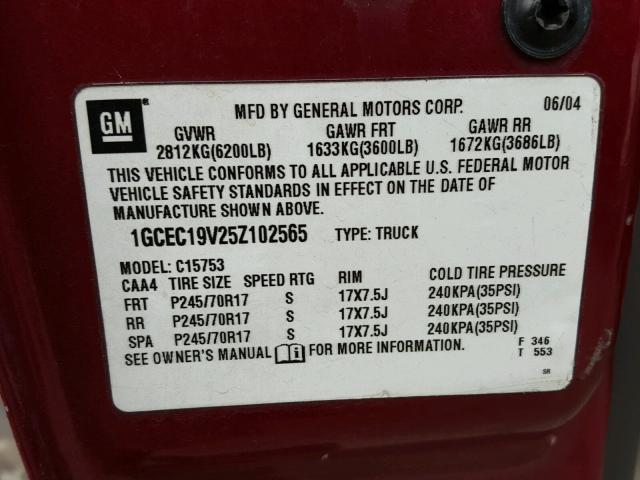 1GCEC19V25Z102565 - 2005 CHEVROLET SILVERADO BURGUNDY photo 10