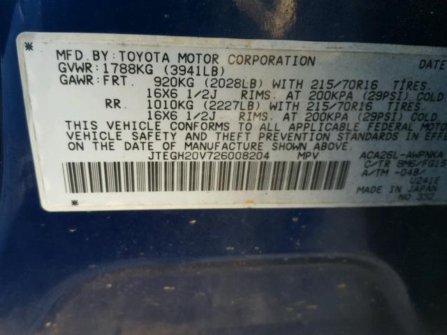 JTEGH20V726008204 - 2002 TOYOTA RAV4 BLUE photo 10